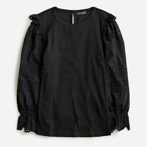 J. CREW Ruffle-Trim Eyelet Top in Vintage Rib - Black - Large - BT680